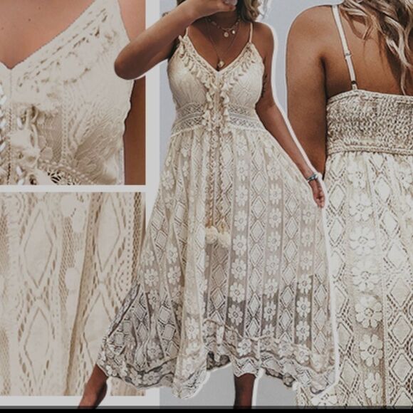 Women's Lace Hollow Out Tassel Trim V Neck Bohemian Maxi Dress XXL - Picture 4 of 9